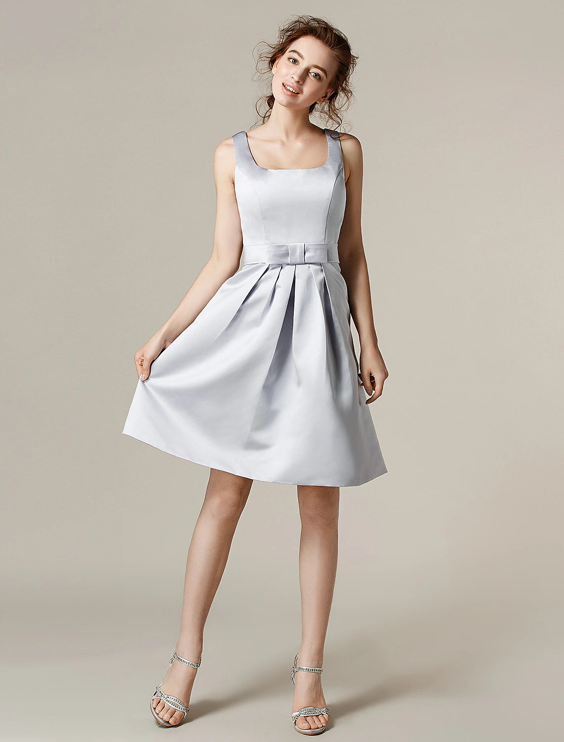Luolandi A-Line Bridesmaid Dress Square Neck Sleeveless Knee Length Satin with Sash / Ribbon